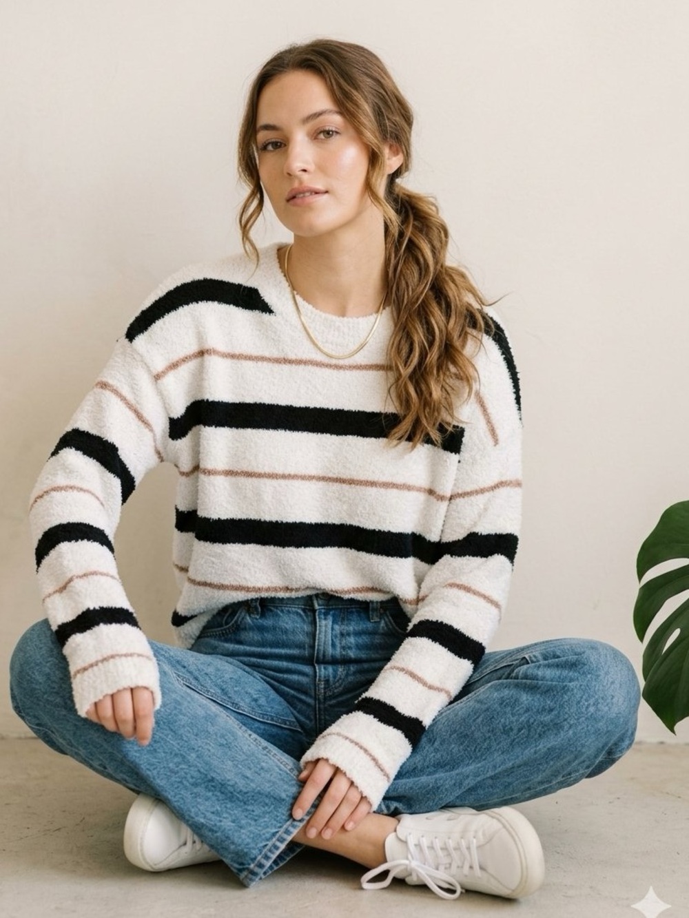 Cozy Altar'd State Cream Fuzzy Striped Crewneck Sweater Size Large